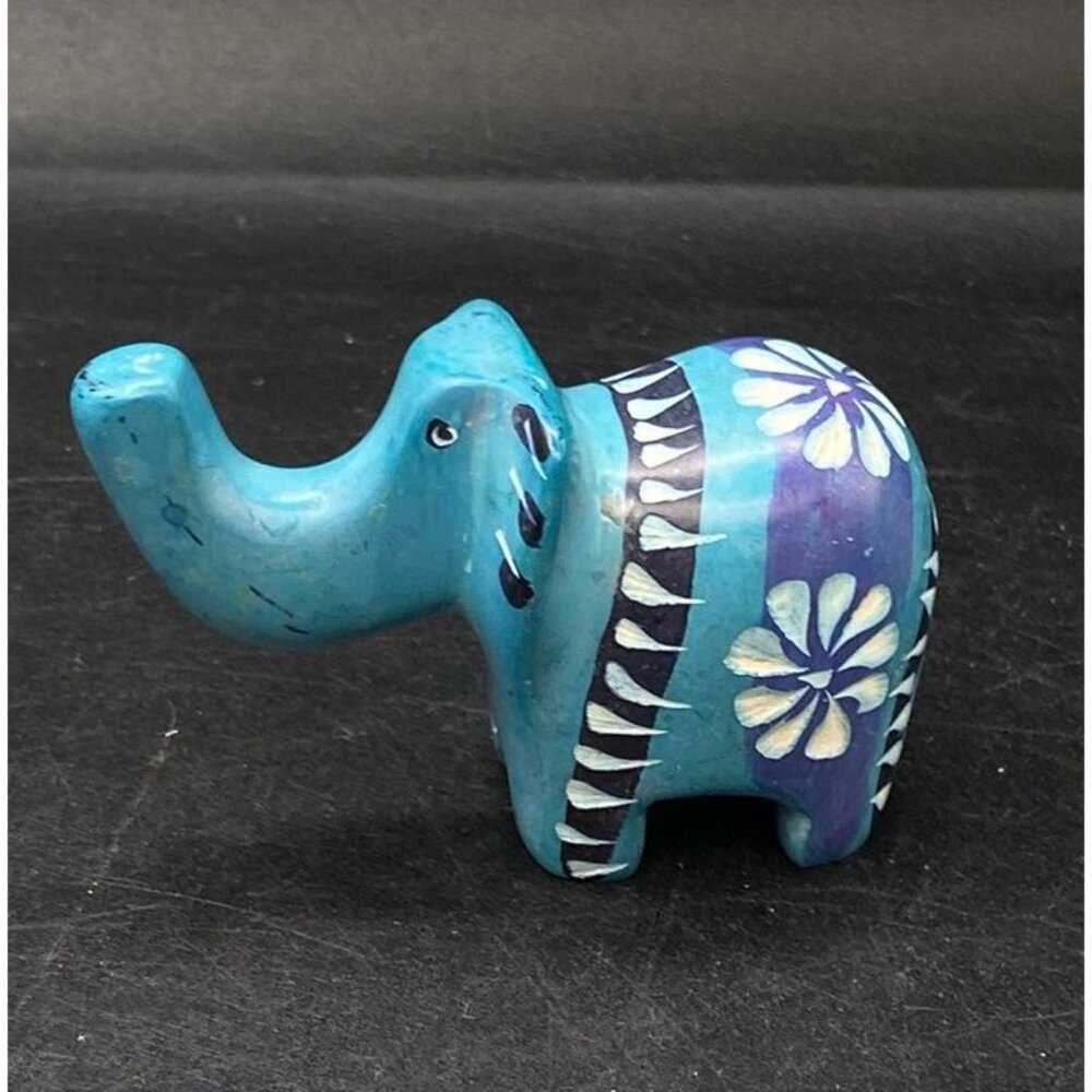Kenya Teal Blue Soapstone Mini Elephant Sculpture Figurine African